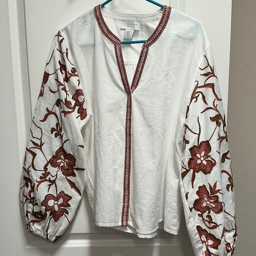 Calypso St. Barth White Blouse with Brown Floral Embroidery